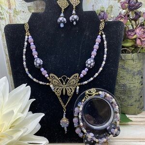 Antique Gold and Purple Polka Dot Butterfly Jewelry Set
